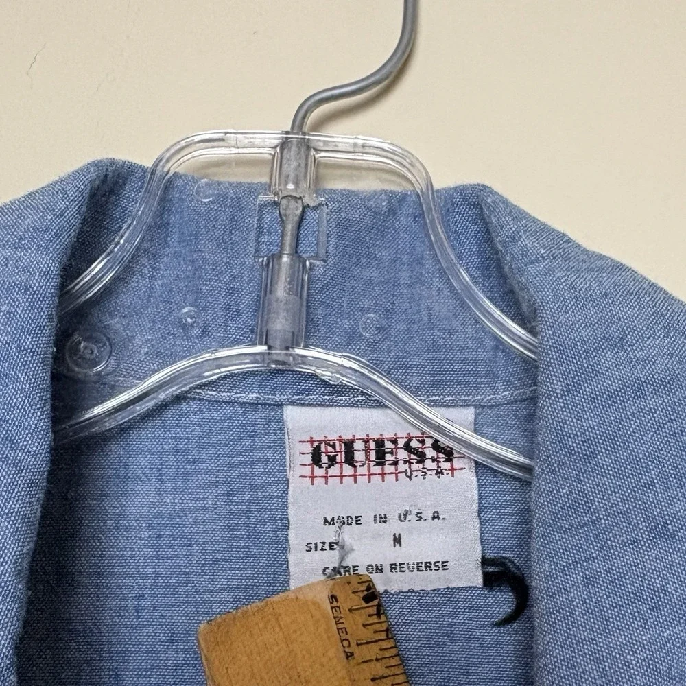 Vintage Guess Girls Button Up Cropped Tie Shirt Medium 90s Denim Chambray